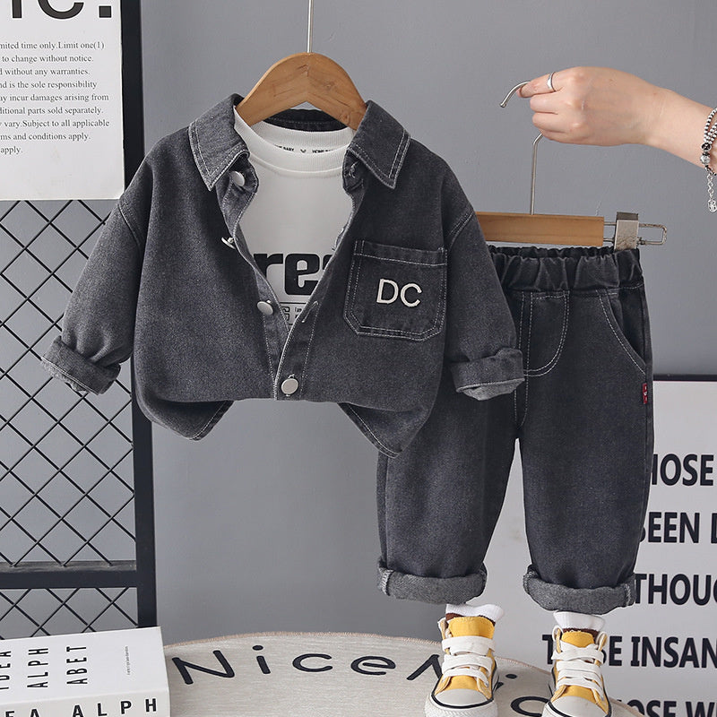 Boys' Spring and Outfit 2026 New Fashionable Casual Denim Three-Piece Set Children, Trendy Autumn Jacket for Babies