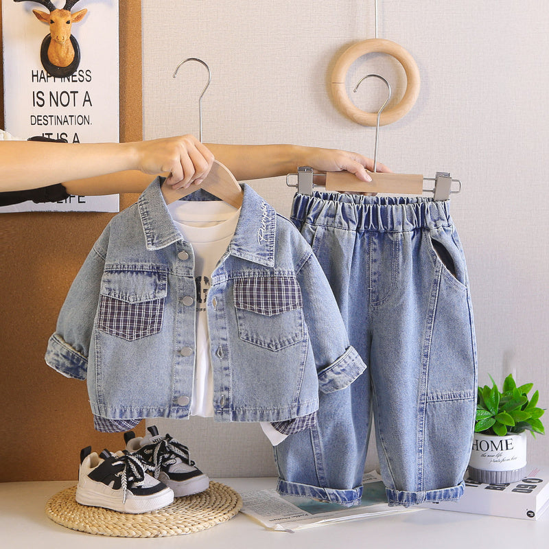 Boys' Autumn Plaid Color-Block Denim Three-Piece Set Infants and Toddlers 1-4 Years Old, Stylish Spring Outfit for Babies