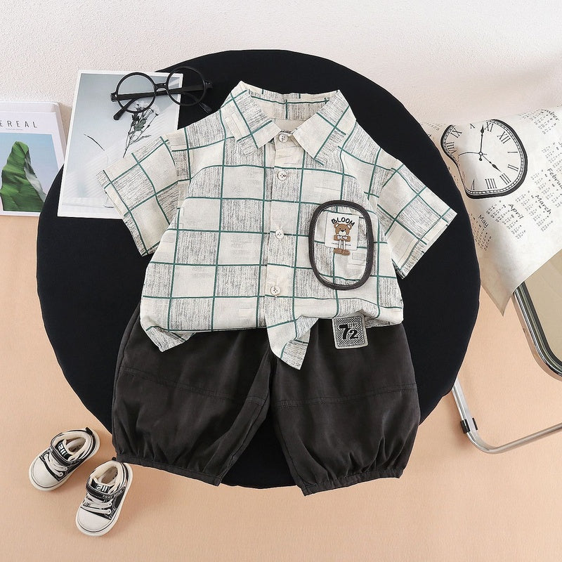 Children's Shorts Set 2026 Summer New Style Shirt Checkered Two-Piece Outfit Boys' Short Sleeve