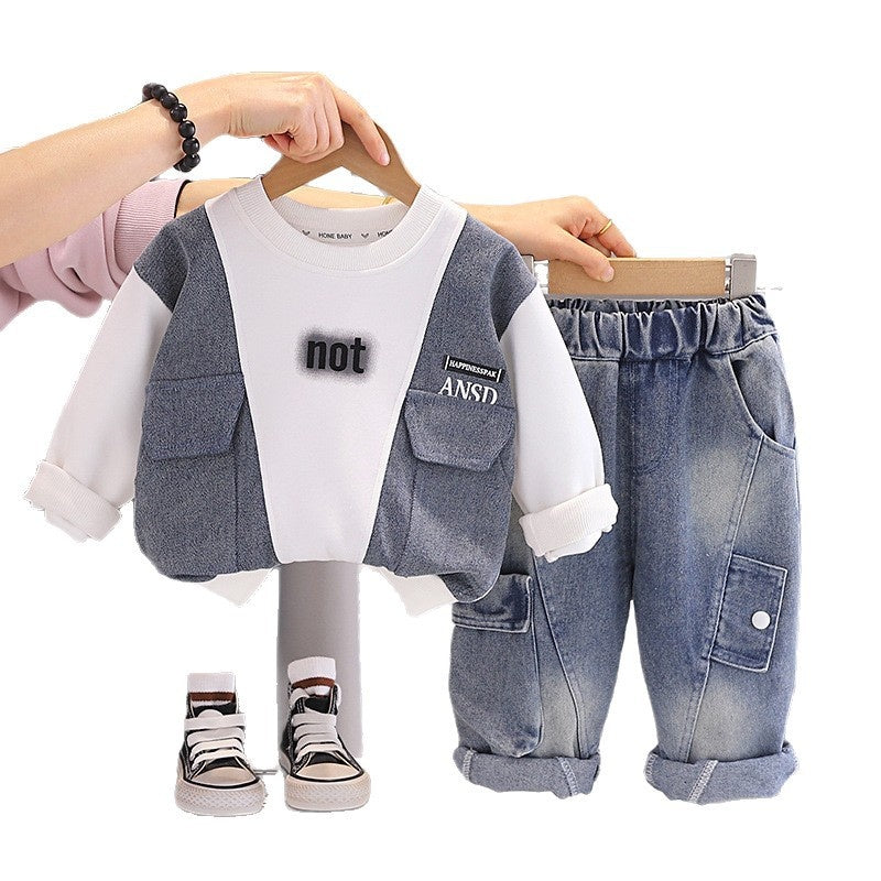 Outfit Set 2026 New Baby Children's Spring and Autumn Denim Patchwork Sweatshirt Two-Piece Boys' Round Neck Clothes
