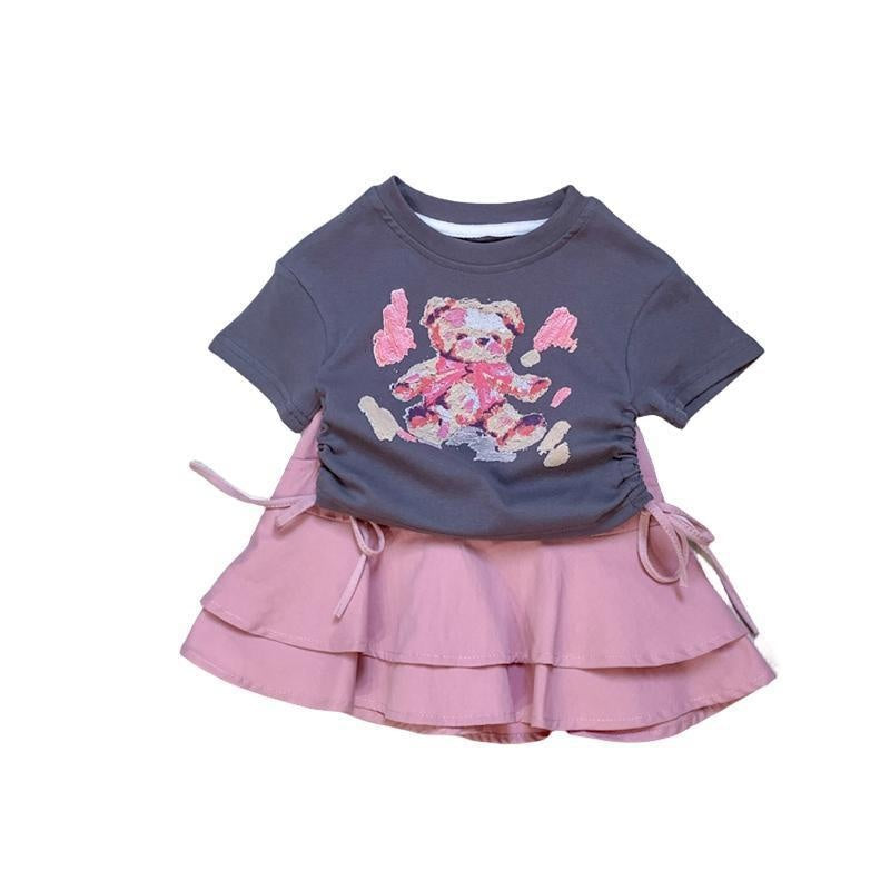 cute girls' t-shirt set, new summer drawstring top, Korean-style sweet and spicy two-piece skirt set