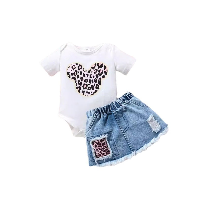 Summer Clothing European and American Style Girls' Infant Baby Printed Short-Sleeve Romper Denim Skirt Children's Set