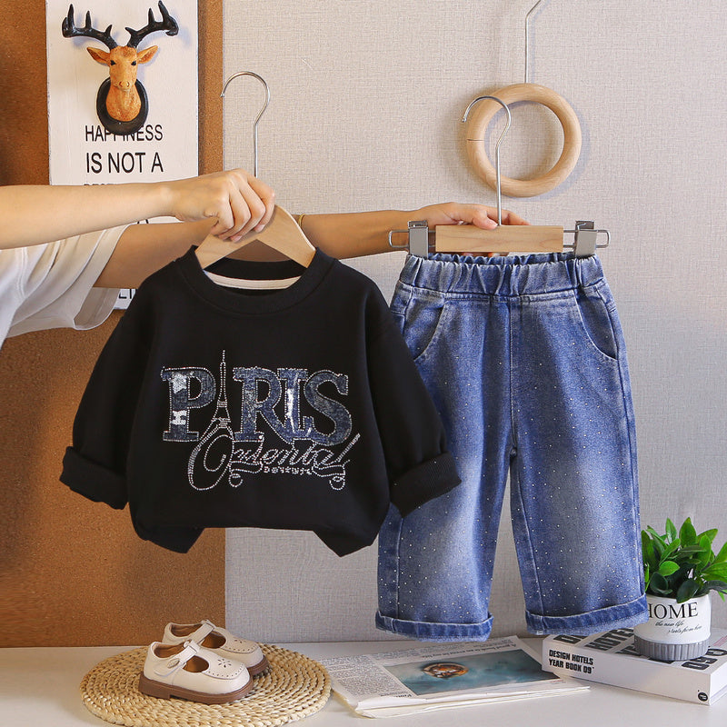 Girls' Spring and Outfit 2026 New Fashionable Baby Girl Autumn Clothing Korean Style Letter Sweatshirt Two-Piece Cartoon Trendy Set