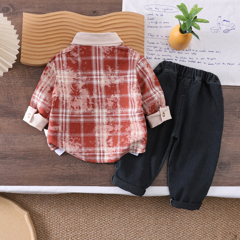 Boys' Spring and Autumn Letter Color-Block Shirt New Style Children's Long-Sleeve Baby Outfit Fashionable Three-Piece Set Trendy
