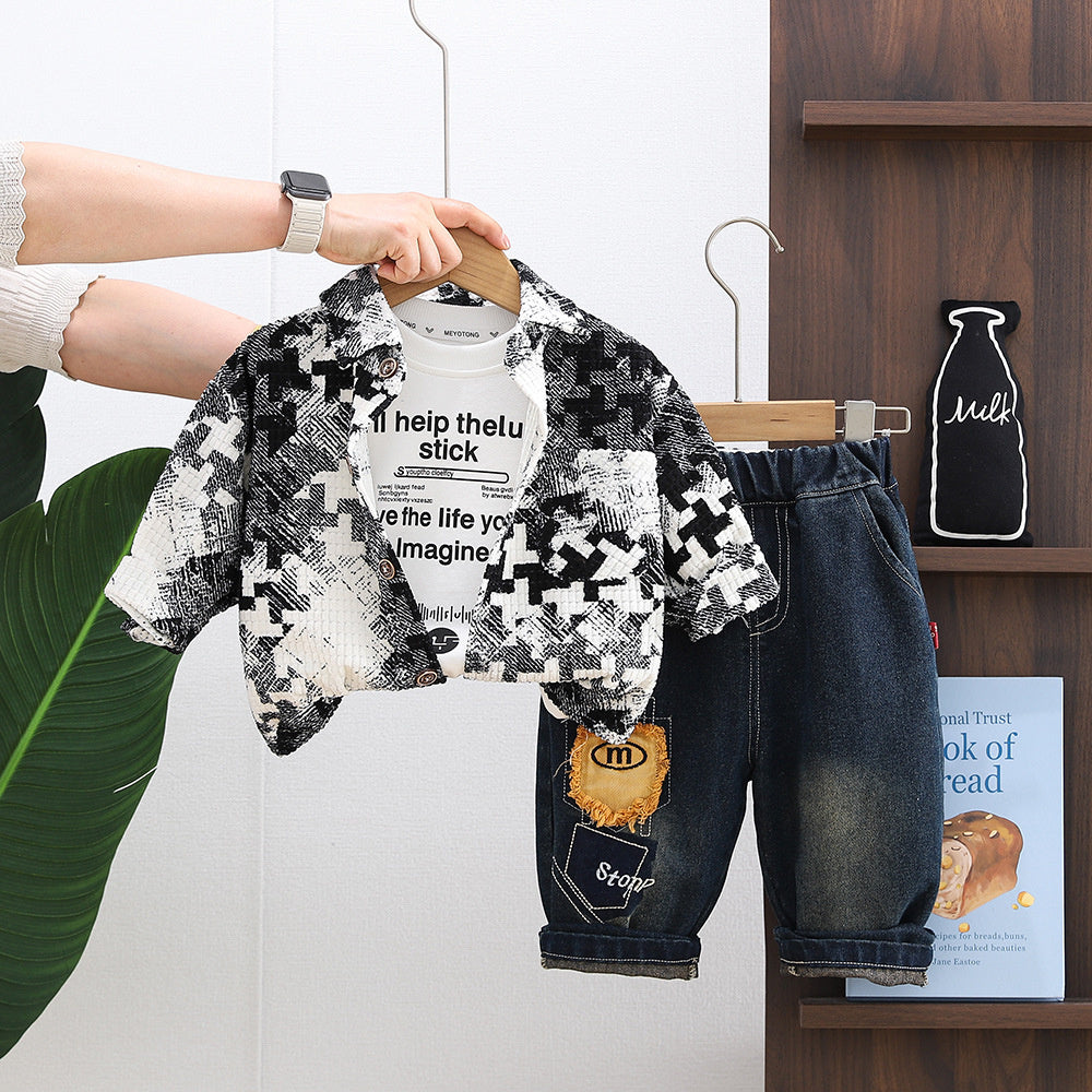 Outfit 2026 New Style Children's Boys' Spring and Autumn Sporty Stylish Baby Plaid Jacket Three-Piece Set