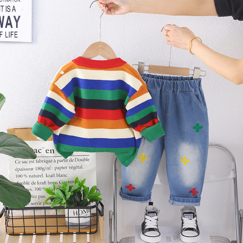 Boys' Spring Outfit 2026 New Fashionable Baby Spring/Autumn Stylish Rainbow Sweater Cardigan Three-Piece Trendy Set