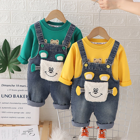 Children's Clothing Boys' Spring 2024 New Fashionable Cartoon Sweatshirt with Straps Two-Piece Set for Boys