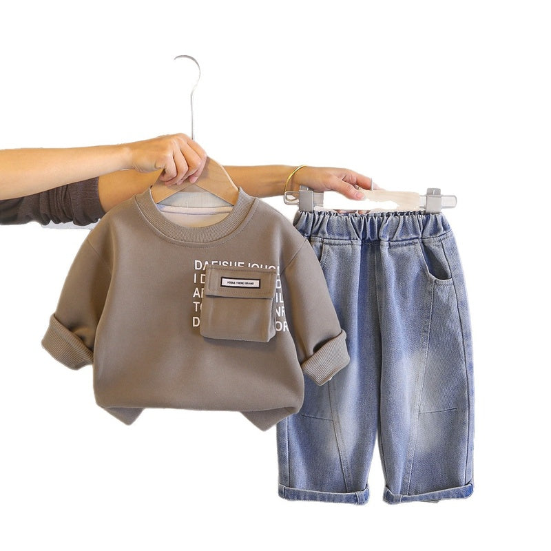 Boys' Spring Autumn Casual Outfit 2026 New Solid Color Pocket Sweatshirt and Pants Two-Piece Set for 1-3-5 Year Olds Trendy
