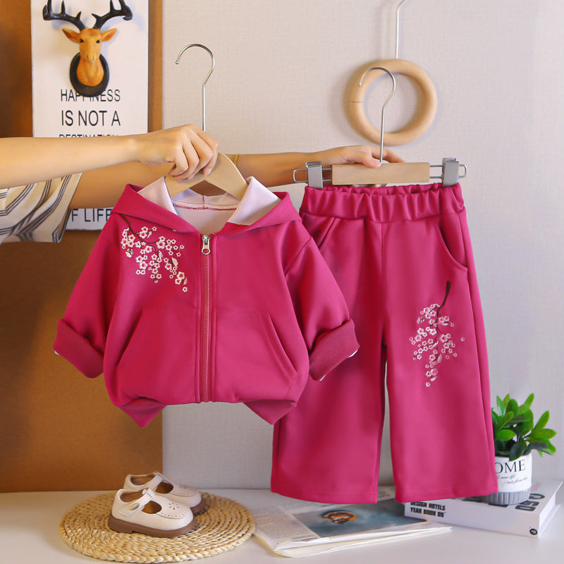 Girls' Spring and Outfit 2026 New Fashionable Children's Autumn Casual Hooded Plum Blossom Jacket Two-Piece Set Wholesale