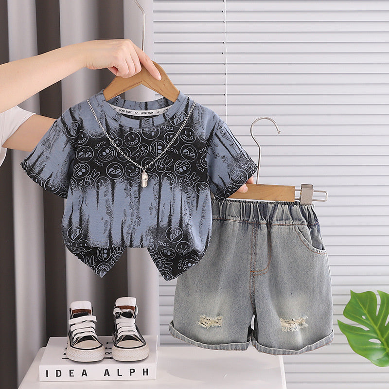 Baby Outfit Set 2026 New Style Boys' Short Sleeve Shorts with Print, Infant Children's Clothing, Stylish Summer Clothes for Little Kids