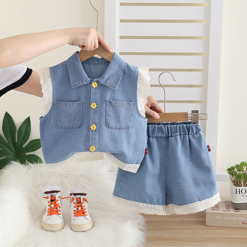 Girls' Outfit Set 2026 New Trendy Cool Children's College Style Denim Vest for Girls Summer Short Sleeve Wholesale