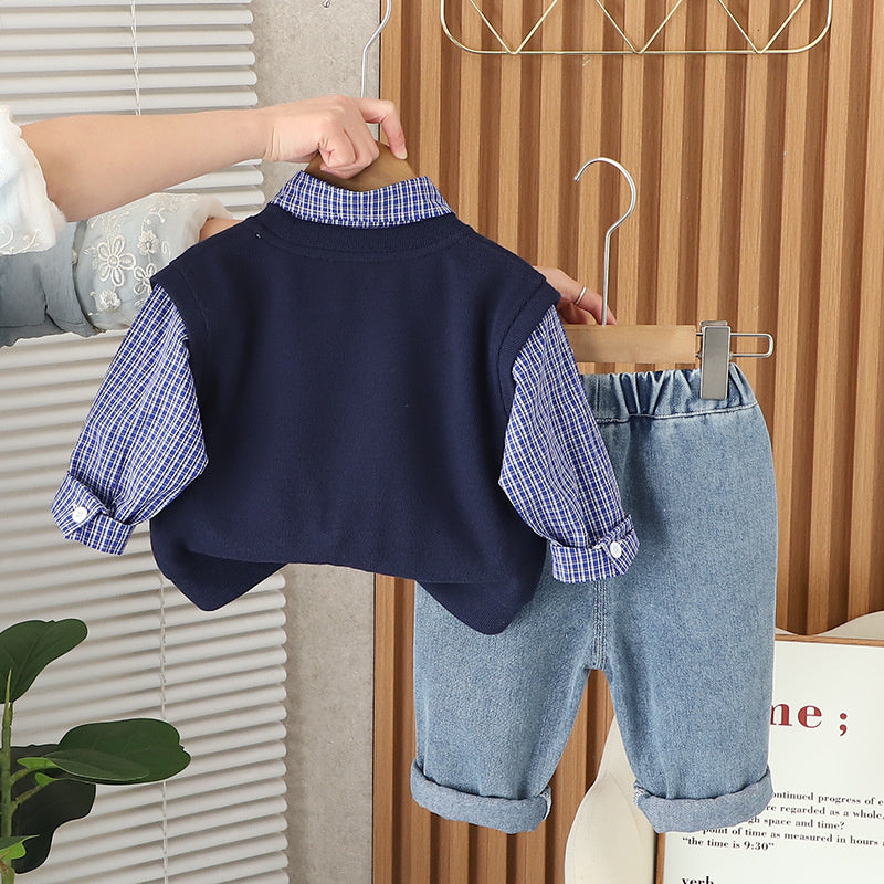 Boys' Suit 2025 New Fashionable Baby Vest Small Plaid Three-Piece Set Spring and Autumn Infant Trendy