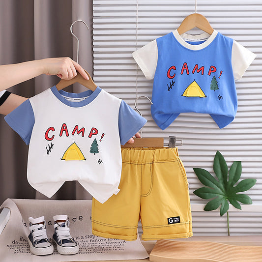 2026 New Thin Cartoon Tent Letter Two-Piece Set for Boys, Summer Children's Short-Sleeve Outfit, Trendy Wholesale