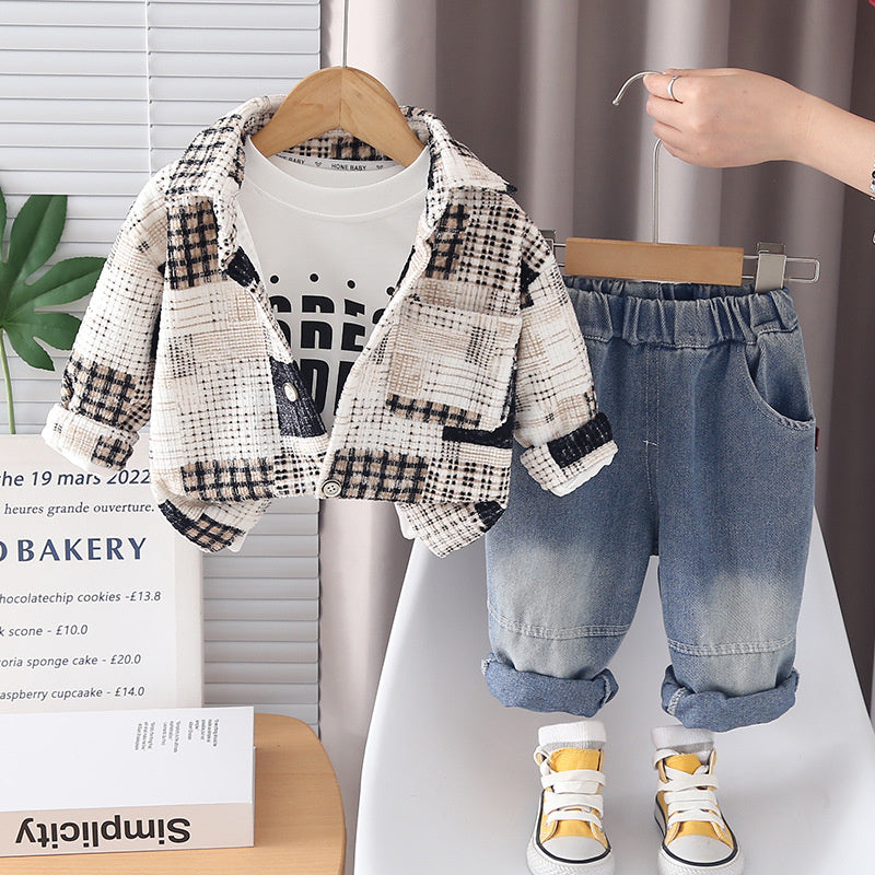 Boys' Suit Autumn 2026 New Spring Black and White Plaid Three-Piece Set Baby Clothes Stylish Jacket Children's Clothing