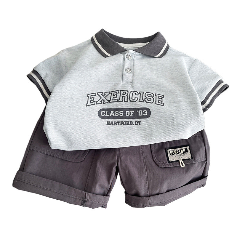 Children's clothing for boys, suit 2026 new model, baby outfit with letter print on the placket, short-sleeved boys' summer clothes, trendy