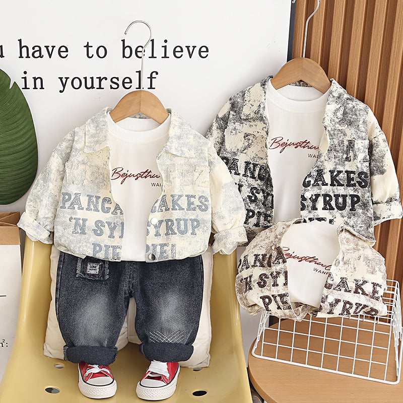 Baby Boy Spring and Autumn Outfit 2026 New Cute Infant Clothes Toddler Embroidered Letter Long Sleeve Three-Piece Set Trendy
