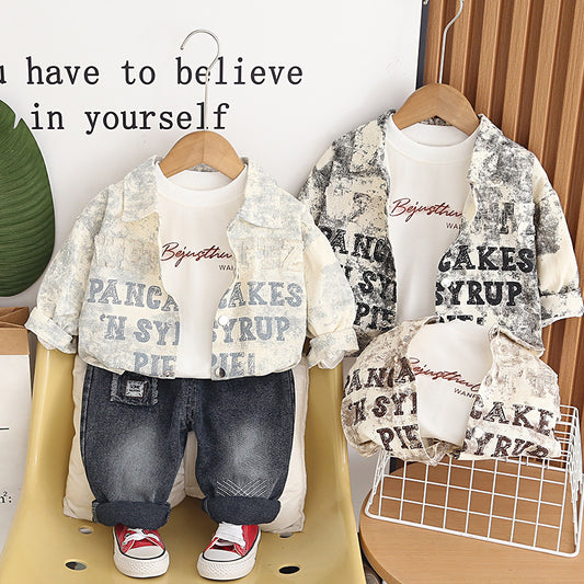 Baby Boy Spring and Autumn Outfit 2026 New Cute Infant Clothes Toddler Embroidered Letter Long Sleeve Three-Piece Set Trendy
