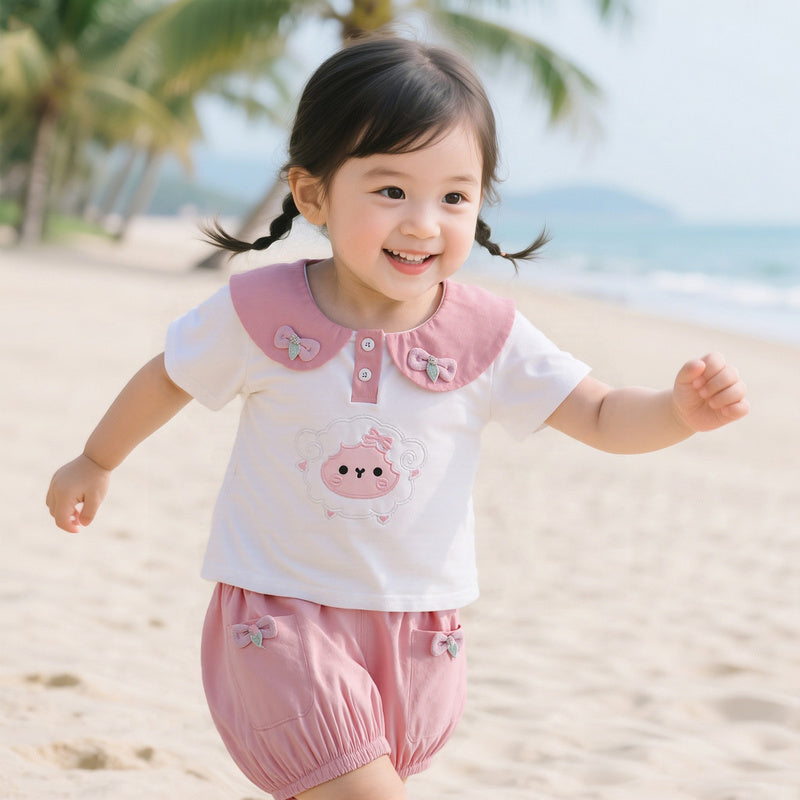 Doudou Girls' Outfit 2026 Little Sheep Cartoon Bow Collar Cute Baby Girl Clothes Two-Piece Set