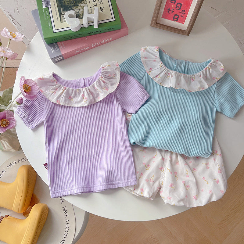 Girls' summer thin outfit, children's clothing in solid color with floral collar, short-sleeved clothes, stylish two-piece set for baby girls