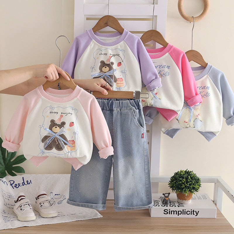 Girls' 2026 New Fashionable Spring and Autumn Outfit for Baby Girls, Trendy Children's Cake Bear Two-Piece Set