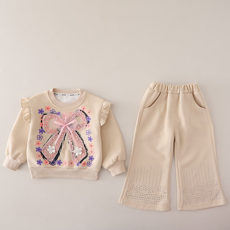 Girls' Outfit 2026 New Fashionable Baby Girl Clothes with Big Bow, Spring and Autumn Sweatshirt Two-Piece Set Trendy