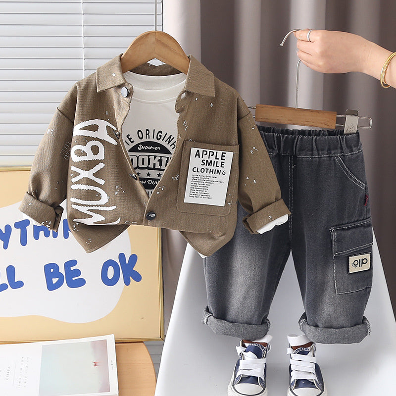 Boys' and Autumn Outfit 2026 New Fashionable Children's Gold-Embossed Casual Three-Piece Set Baby Spring Trendy Jacket