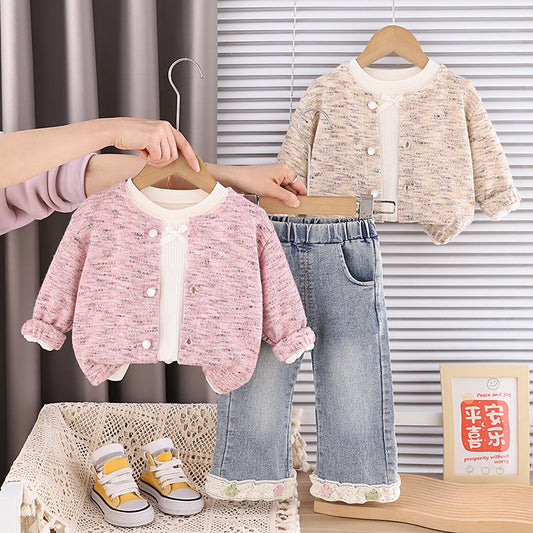 Girls' Stylish Outfit 2026 New Baby Spring and Autumn Colorful Yarn Sweater Long Sleeve Three-Piece Set Children's Casual Trendy Clothing