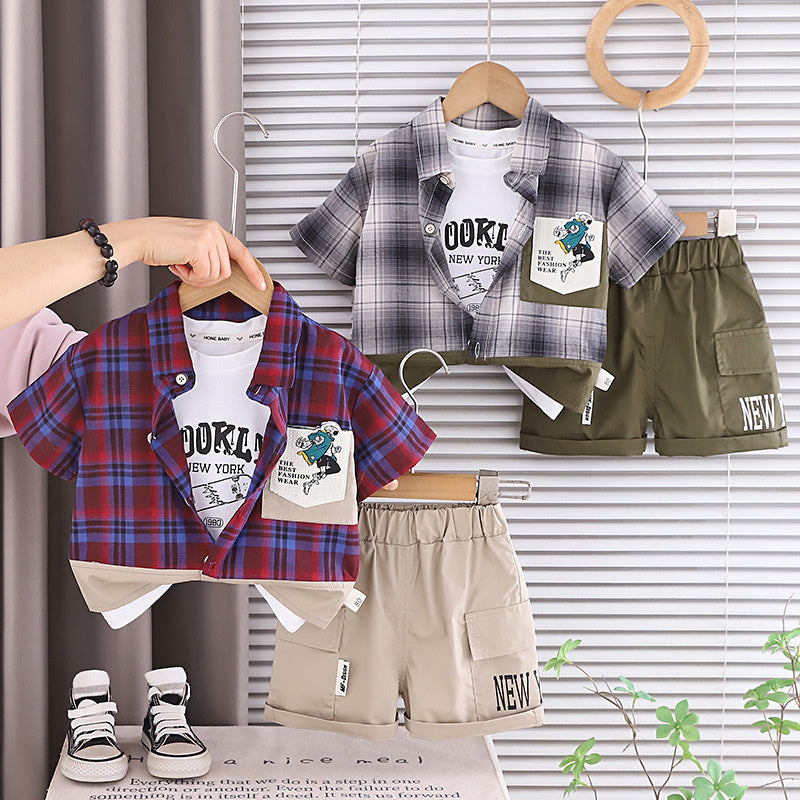 Boys' Summer Outfit 2026 New Fashionable Baby Short-Sleeve Plaid Shirt and Shorts Three-Piece Set Infant Children's Clothing