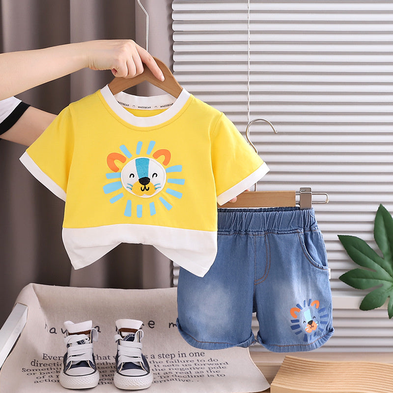 New Outfit for Boys: Children's Summer Color-Block Lion Head Two-Piece Set, Stylish Baby Clothes, Trendy Wholesale