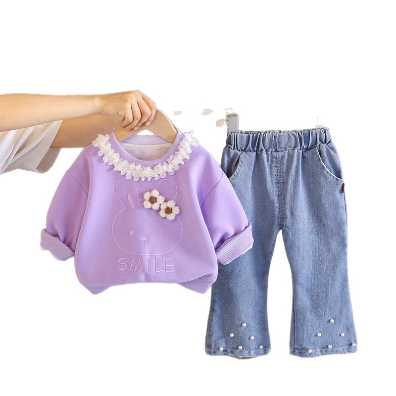 Girls' Floral Sweatshirt Set 2026 New Autumn Two-Piece Outfit Trendy Baby Casual Sportswear Children's Fashion Clothing