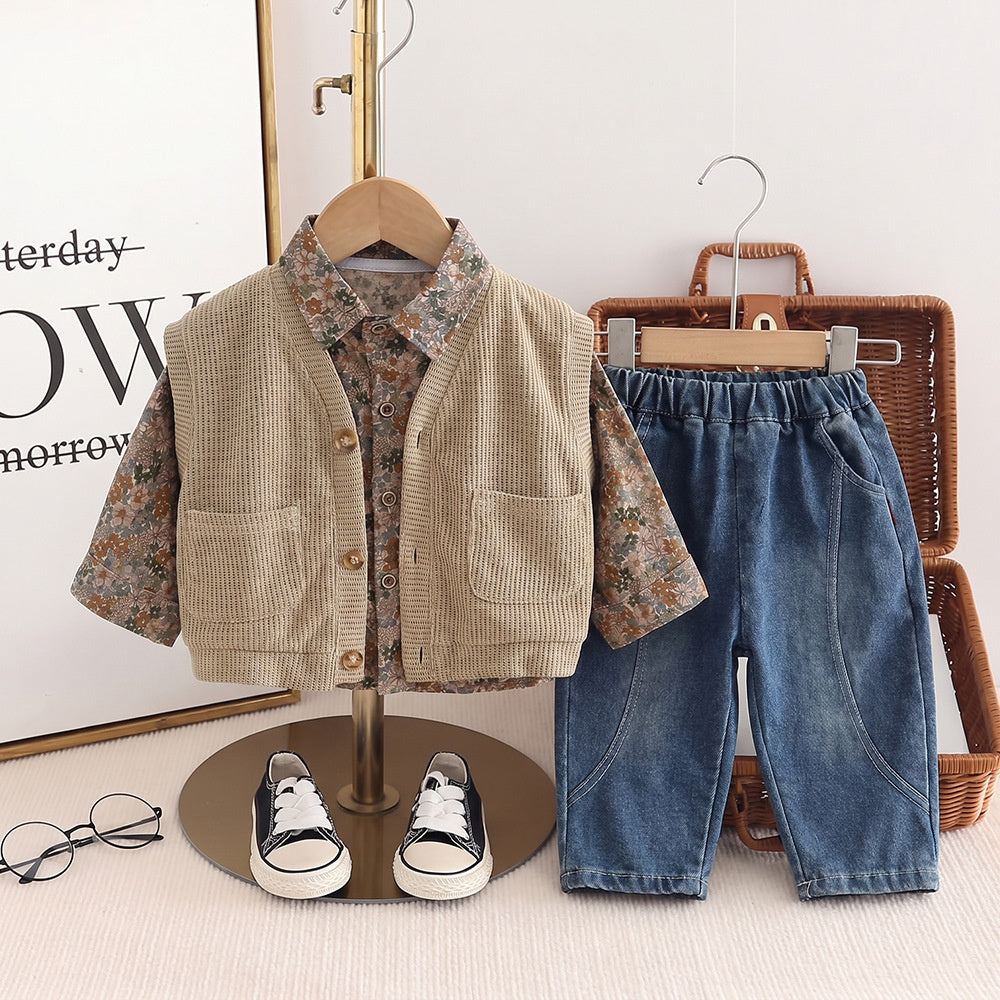 Boys' Outfit 2026 New Collection Baby Floral Shirt Vest Three-Piece Set Children's Stylish Spring and Autumn Clothes Trendy