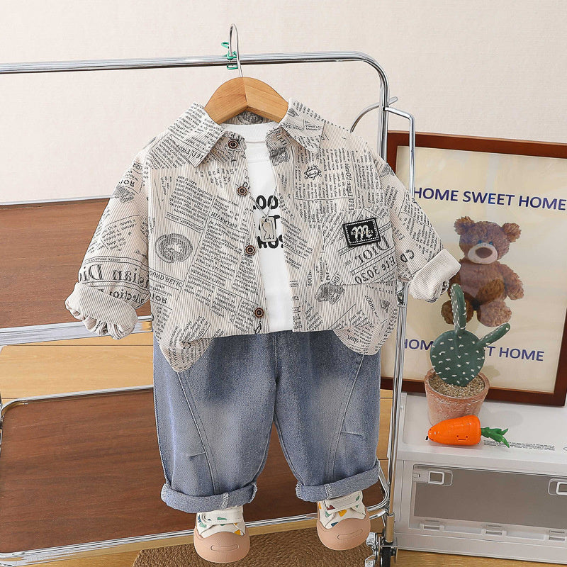 Outfit 2026 New Children's Jacket Boys' Spring and Autumn Stylish Baby Lapel Letter Three-Piece Set