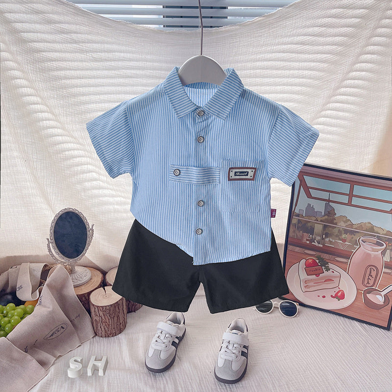 2026 Outfit Set: Children's Turn-down Collar Short-sleeve Shirt and Shorts for Little Boys' Summer Clothing