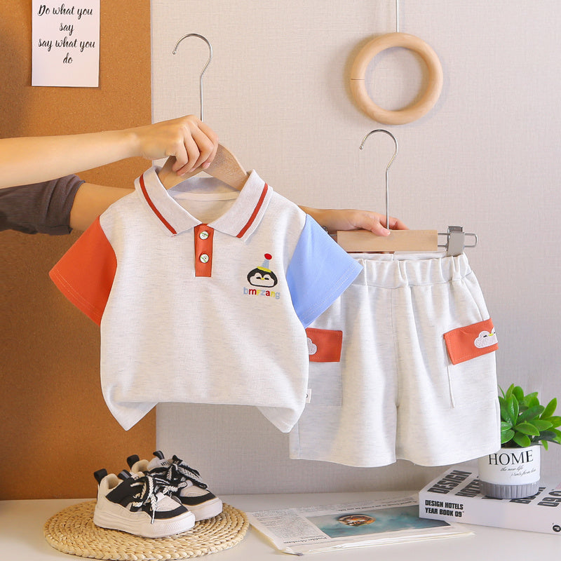 Boys' Outfit 2026 New Summer Short-Sleeve Casual Baby Boy Color-Block Penguin Two-Piece Set Children's Clothing