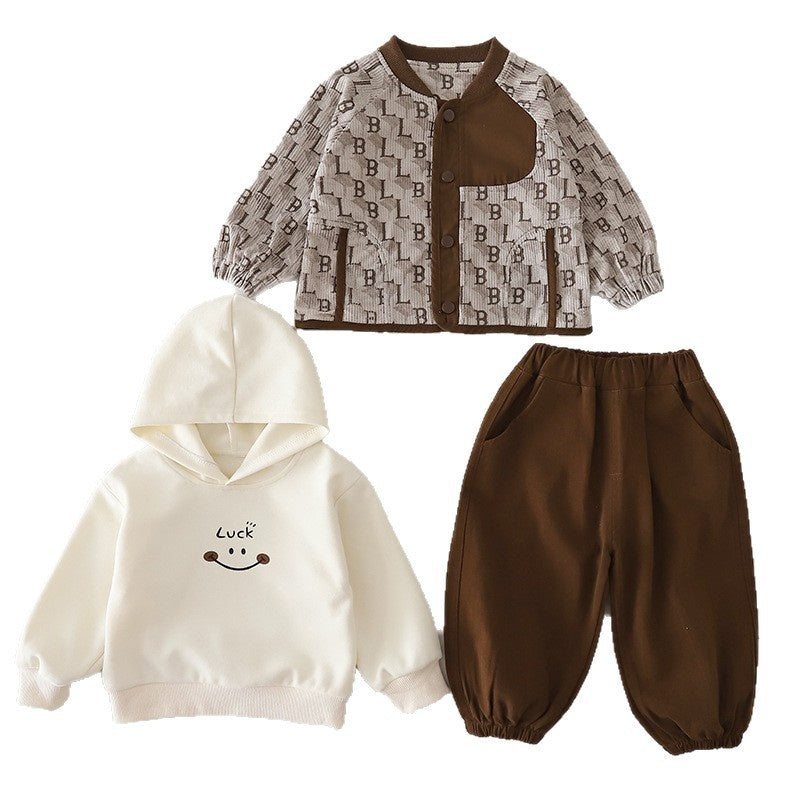 Boys' Spring and Autumn Fashionable Outfit 2026 New Letter Patchwork Cardigan Three-Piece Set Infant Casual Clothes Trendy