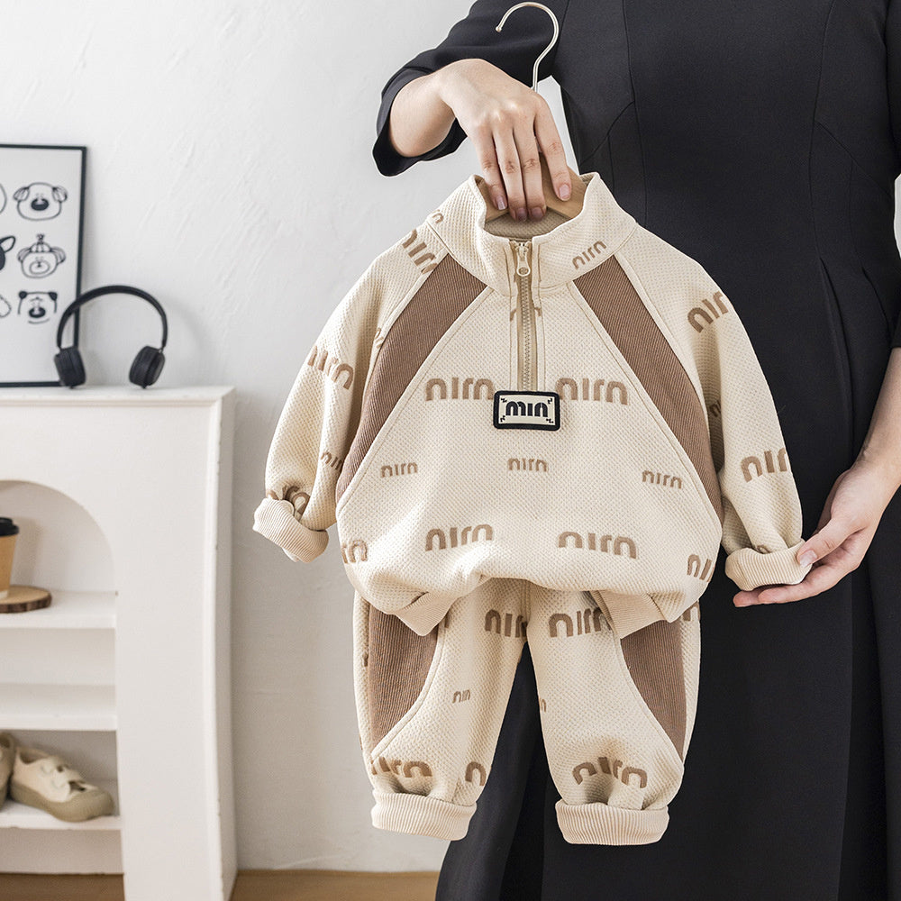 Boys' Outfit Children's Stylish Jacquard Letter Half-Zip Two-Piece Set Baby Spring and Autumn Clothes for Boys