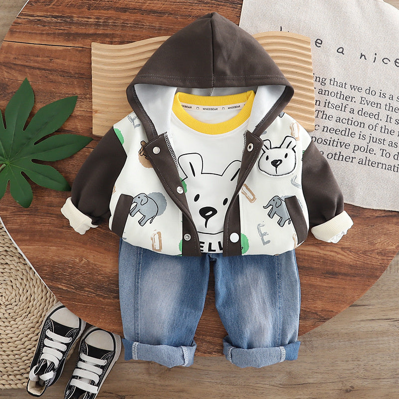 Boys' Stylish Spring and Set 2025 New Autumn Baby Full Print Animal Color Block Three-Piece Fashionable Toddler