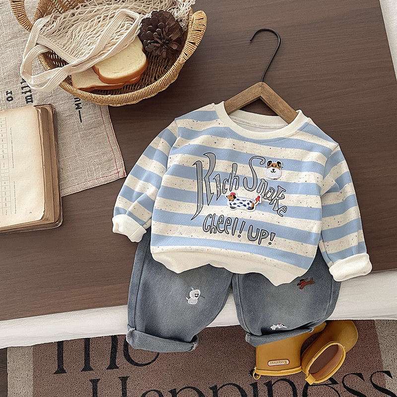 Stylish trendy children's clothing boys, baby outfit with colorful dots puppy design, two-piece set, 2026 new model, infants aged 1 to 5 years, suitable for spring and autumn