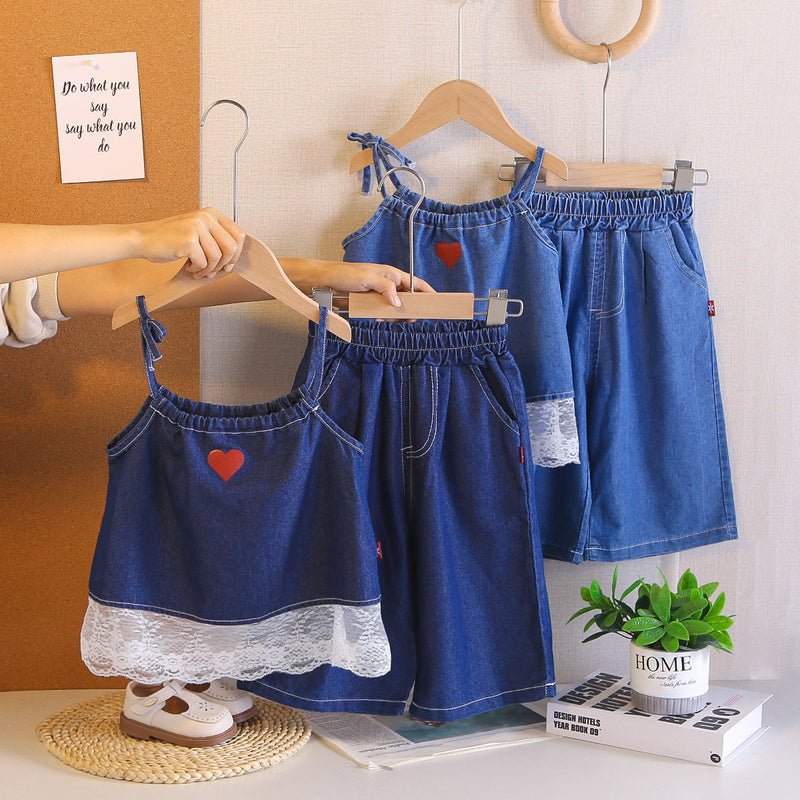 Girls' outfit new stylish toddler baby drawstring suspender denim shorts two-piece thin summer set