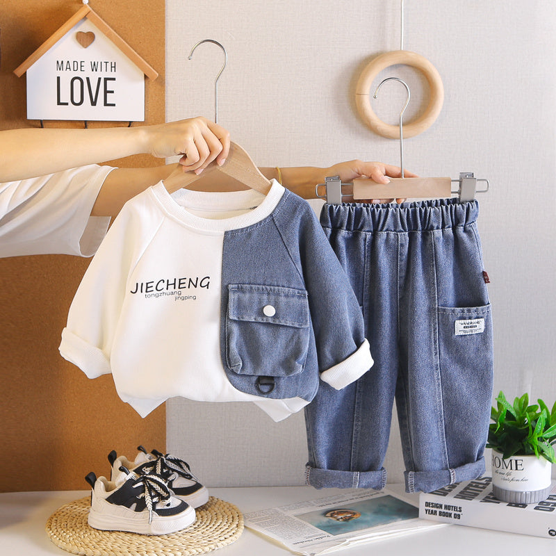 Boys' new two-piece set, stylish sweatshirt outfit, children's clothing for little boys, baby spring and autumn wear