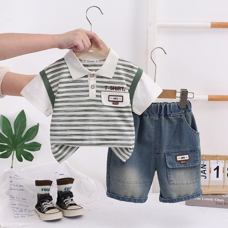 Boys' Outfit 2026 New Style Toddler Striped Pocket Short-Sleeve Polo Shirt Baby Summer Two-Piece Set