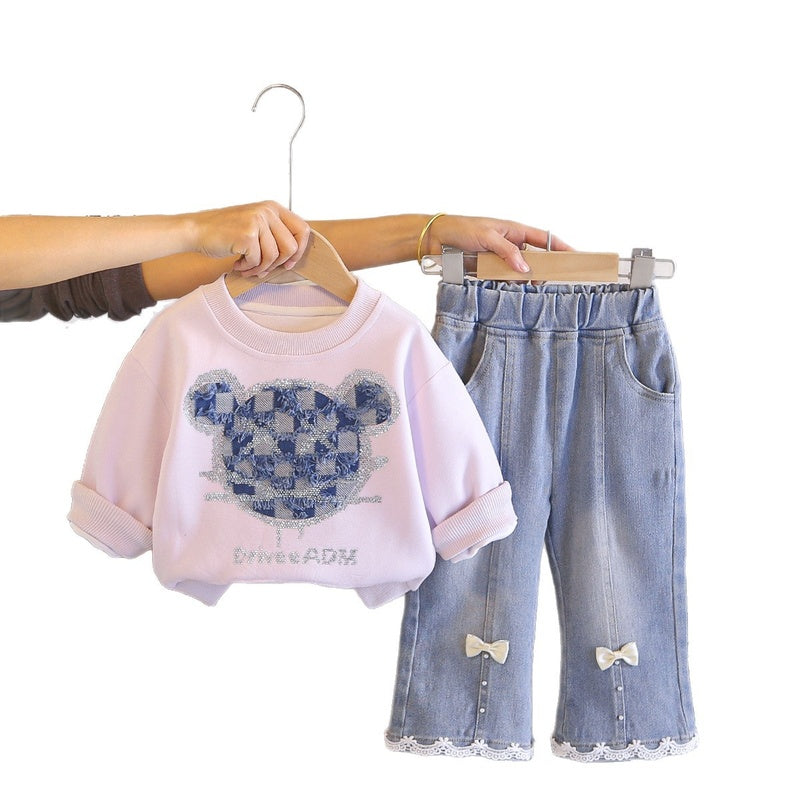 Girls' Outfit 2026 New Fashionable Baby Girl Spring and Autumn Plaid Bear Head Sweatshirt Two-Piece Set