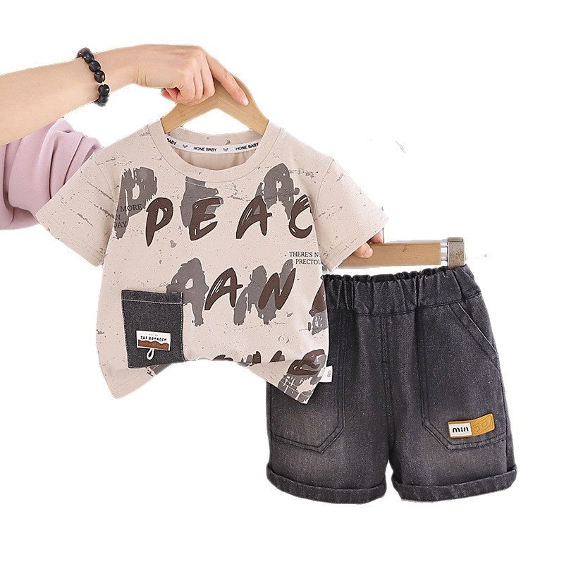 Baby clothes summer, thin short-sleeve set with English graffiti boys, suitable outdoor wear, for boys aged 0 to 1 year old
