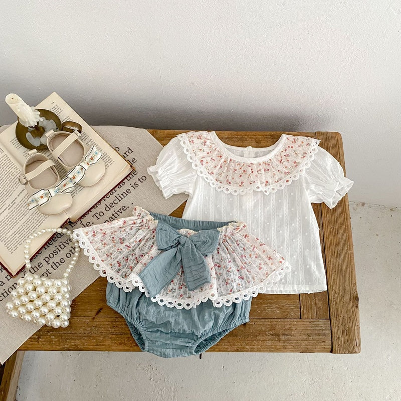 Baby Clothes 2025 Summer New Cute Printed Collar Short Sleeve Top Romper Skirt Pants Two-Piece Set for Girls