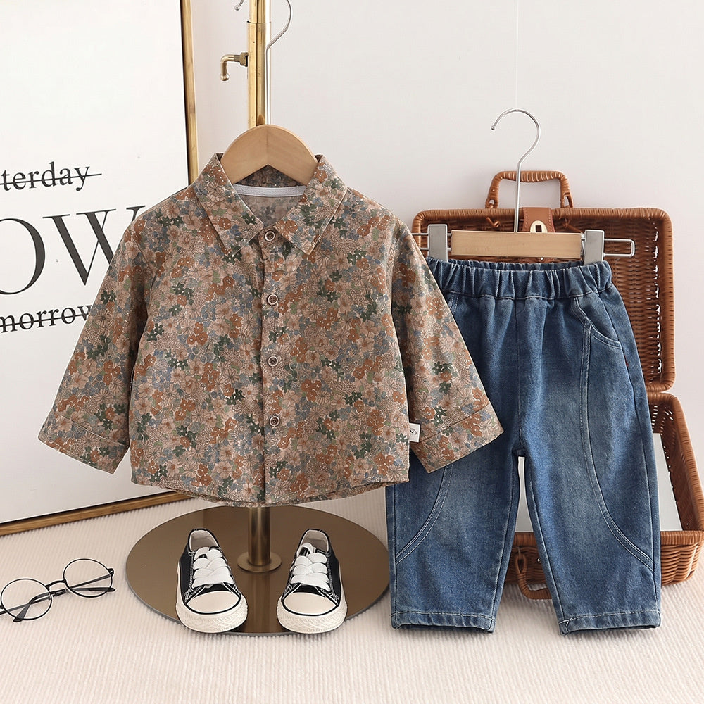 Boys' Outfit 2026 New Collection Baby Floral Shirt Vest Three-Piece Set Children's Stylish Spring and Autumn Clothes Trendy