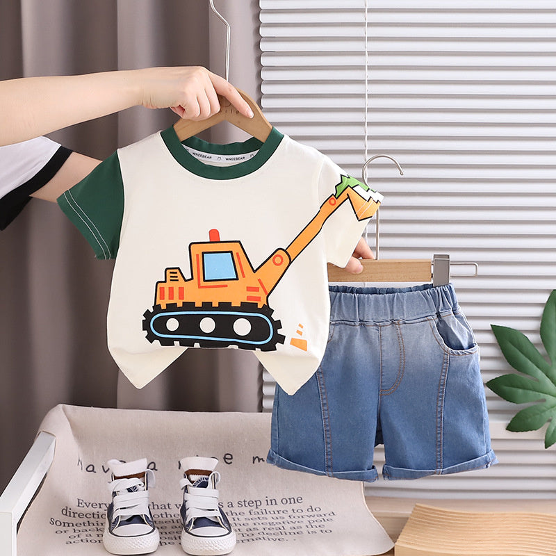 Boys' Outfit 2026 New Style Baby Summer Thin Cartoon Excavator Clothes Trendy Children's Short Sleeve Two-Piece Set