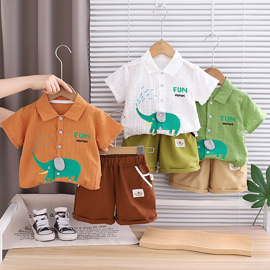 Outfit 2026 New Fashionable Baby Summer Clothes Boys' Elephant Print Short Sleeve Two-Piece Set Trendy