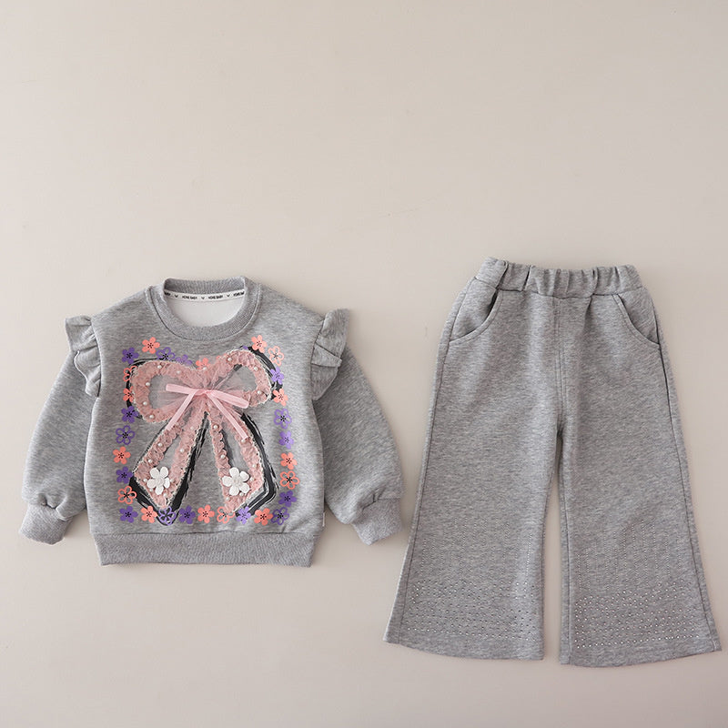 Girls' Outfit 2026 New Fashionable Baby Girl Clothes with Big Bow, Spring and Autumn Sweatshirt Two-Piece Set Trendy