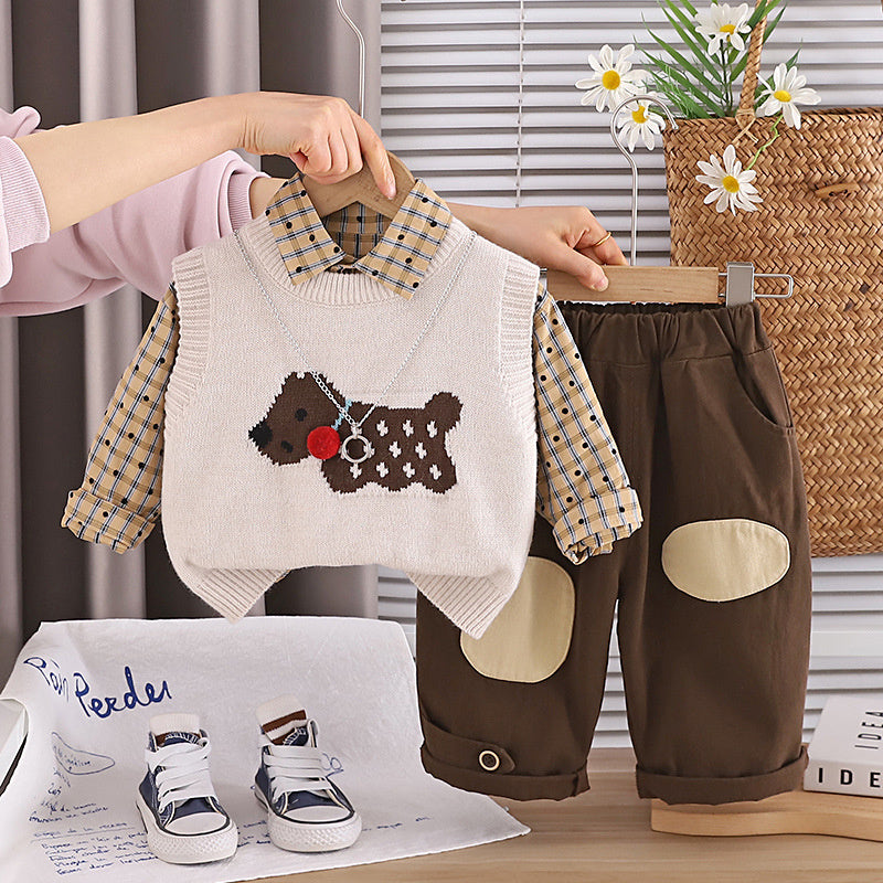 Boys' Outfit 2026 New Fashionable Children's Spring and Autumn Cartoon Puppy Sweater Vest Baby Three-Piece Set