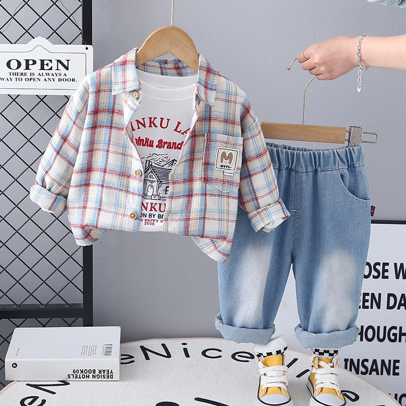 2025 Children's Autumn Outfit Stylish Plaid Shirt Three-Piece Set for 1-3-4 Year Old Boys Korean Style Boys' Clothing